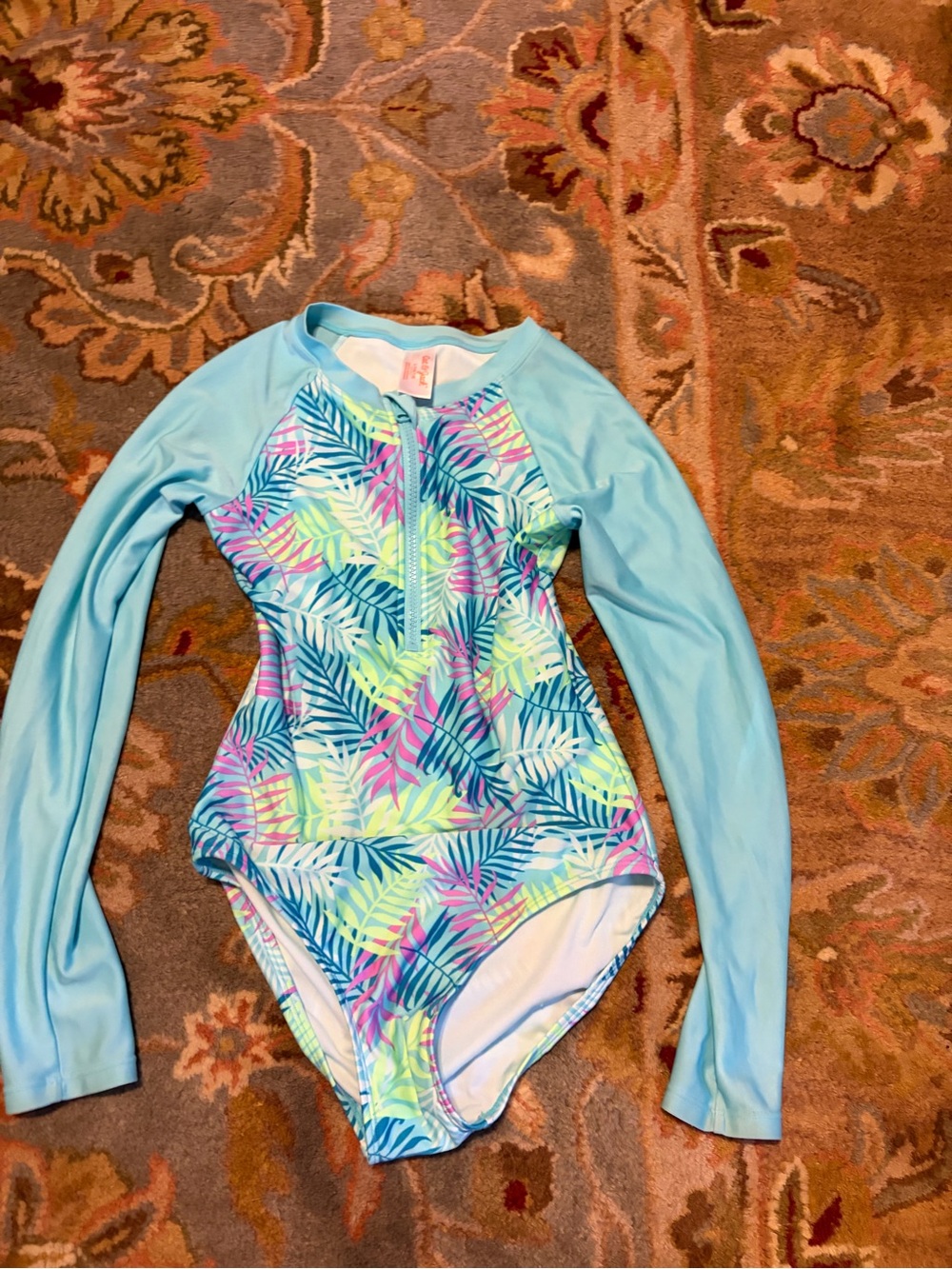 Cat & Jack Girls' Long-Sleeve Light Blue Tropical Leaf Rashguard One-Piece
